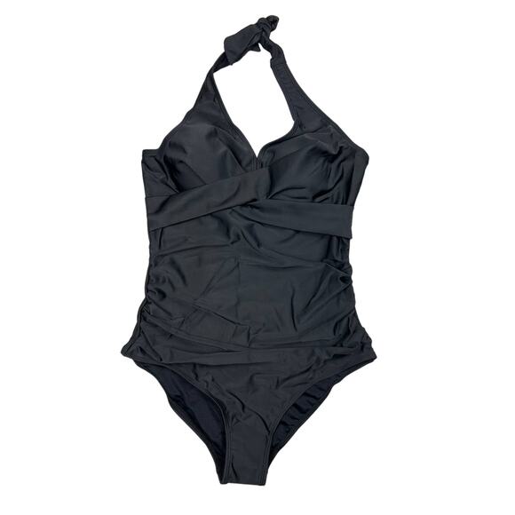 Women Medium Black Tummy Control Swimwear Halter V Neck One Piece Bathing Suit - Picture 1 of 9